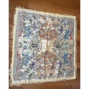 Vintage Chinese Silk Embroidered Tapestry 36" Square Pagoda Dragon Lion Dance